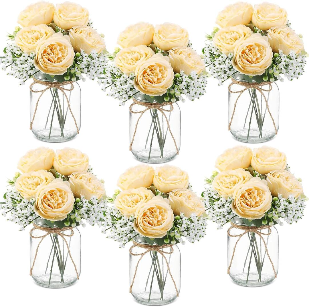 Zeyune Mason Jar Centerpiece Table Decorations, Artificial Peony Baby's Breath Flower Bouquets, Faux Flowers with Vase, Rustic Decor Gifts for Home, Wedding, Holiday(6 Sets,Champagne)