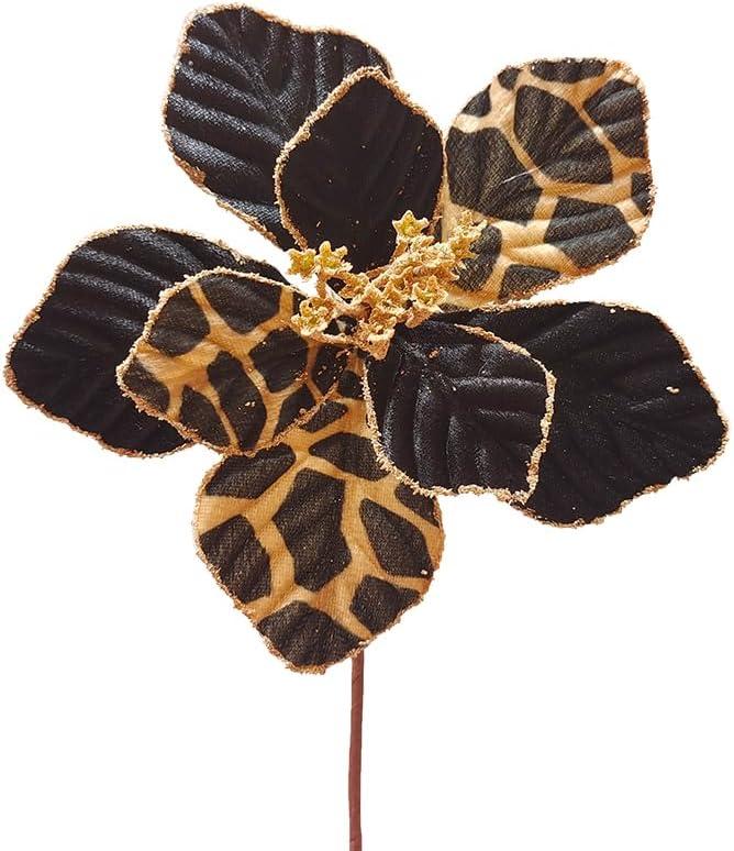 10Pcs Black Christmas Flower for Tree Glitter Poinsettia Flowers Leopard Print and Black Christmas Artificial Flower with Stem for Xmas Tree Party DIY Wreath Garland