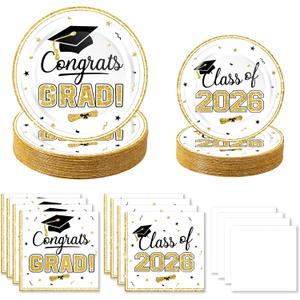 2026 Graduation Party Decorations Set - 200Pcs White Gold Class of 2026 Graduation Plates and Napkins Disposable Tableware for College High School Congrats Graduation Party Supplies, Serves 50