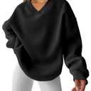 ANRABESS Womens Oversized V Neck Sweatshirt Fleece Long Sleeve Hoodies Pullover Comfy Top 2026 Outfits Teen Preppy Clothes Black X-Large