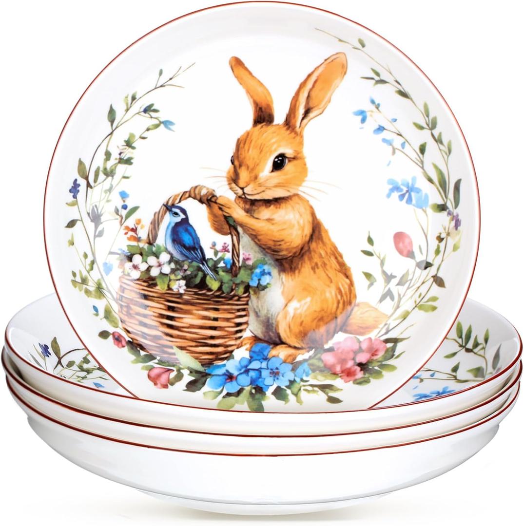 Jinei 4 Pcs Bunny Plates Ceramic Easter Dishes Dinnerware 8 Easter Garden Dinner Dishes Cabbage Salad Plates Spring Tableware Appetizer Tray for Home Kitchen Dessert Candy(Round Rabbit)