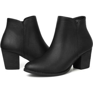 SHIBEVER Women's Ankle Boots Heel: Black Chunky Block Heels Slip On Almond Toe Boots Side Zip Leather Booties, 7.5