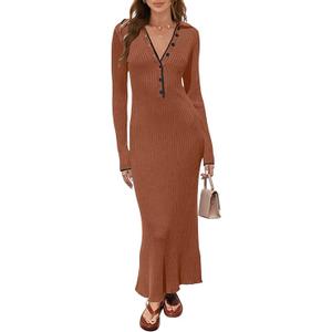 MEROKEETY Womens Long Sleeve V Neck Sweater Dress 2026 Button Ribbed Knit Elegant Maxi Winter Dresses, Caramel, Small