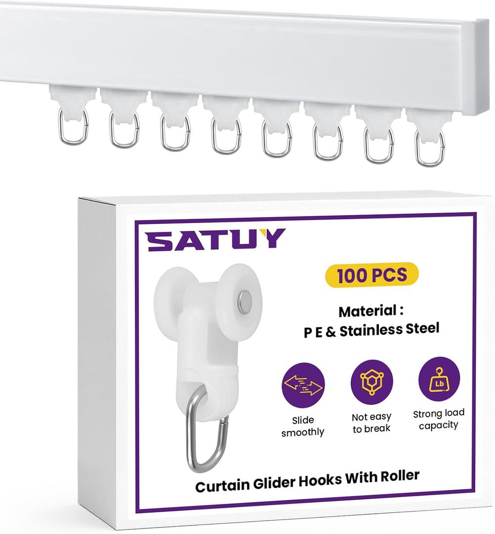 100 Pcs Curtain Glider Track Rail Runners, Heavy Duty Mute Wheel Curtain Glider Hooks with Dual Rollers for Universal Ceiling Drapes Room Dividers Shower Curtains Window Treatments