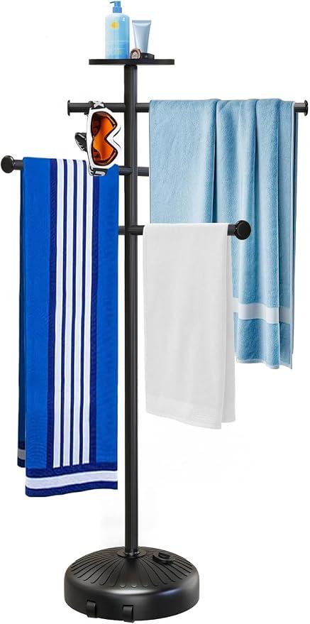Pool Towel Rack with Wheels and Storage Tray for Indoor Outdoor Use