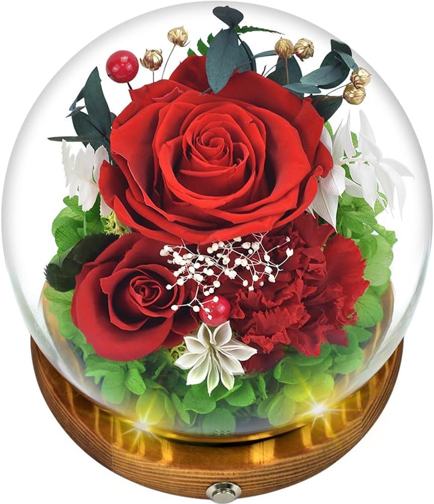 Quimoy Preserved Flowers Gift for Women, Gift for Mom, Flores Eternas Roses in Glass Dome with LED Lights, Real Flower Delivery Prime Gifts for Mother's Day, Birthday, Valentines, Christmas, Wedding (Red)