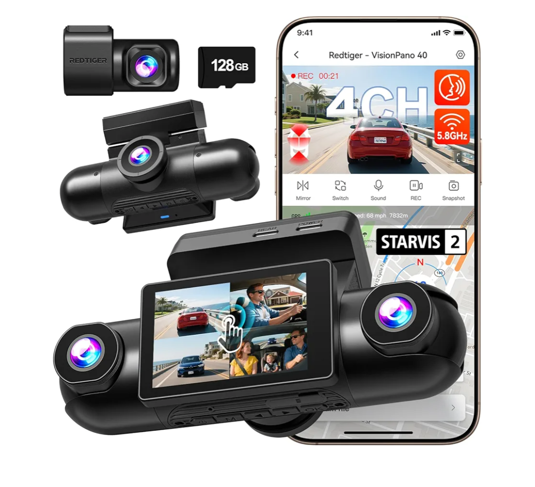REDTIGER 4 Channel 360° View Dash Cam, Dual STARVIS 2, 2.5K*2+1080P*2 Dashcam Front and Rear Inside Left Right, 5.8GHz WiFi, 8 IR Lights Night Vision, 4 Adjustable Lenses, Included 128GB Card (VP40)