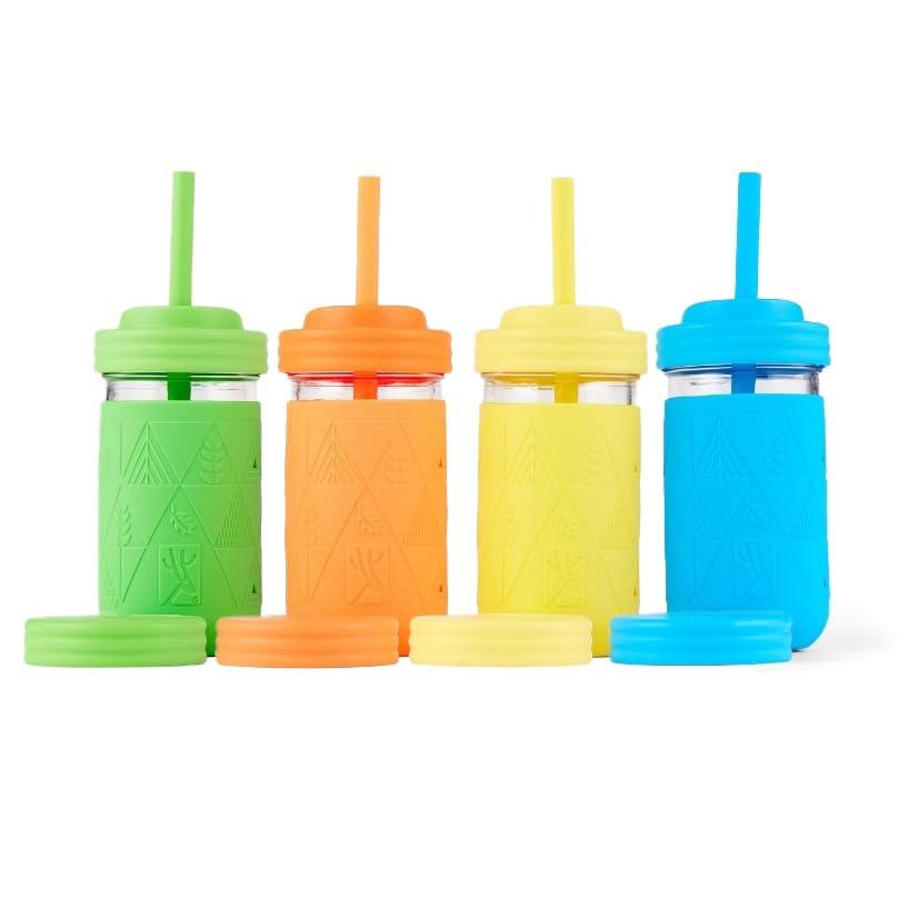 Elk and Friends Kids + Toddler Glass Cups | The Original 12oz Glass Mason Jar with Sleeves + Lids | Silicone Straws + Stopper | Smoothie Cup | Food Storage | Spill Resistant | Dishwasher Safe | 4 Pack
