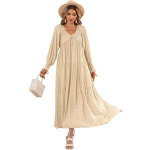 R.Vivimos Maxi Dress for Women Long Sleeve V Neck Empire Waist Layered Ruffle Boho Casual Flowy Long Dresses