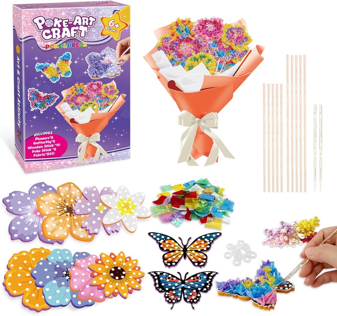 Britik Arts and Crafts for Kids Ages 8-12: Poke in Fun Art Kits for Girls, Poke Art Flower Bouquet Craft Kit, Fabric Arts for Kids DIY Flower Bouquet Kit Birthday Gift for Girls 8 9 10 11 12, Orange