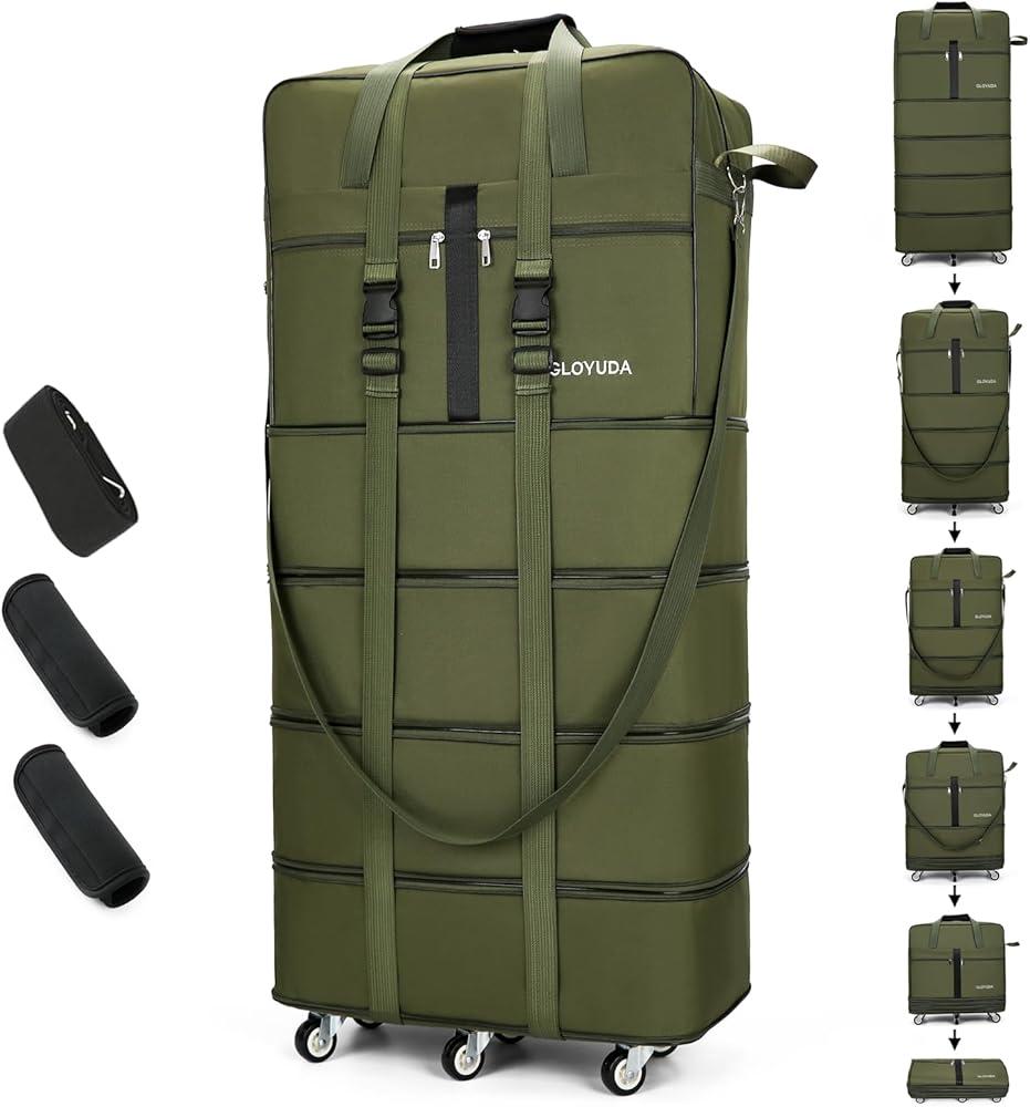 Expandable Foldable Luggage, 36'' Suitcase With Spinner Wheels, Rolling Duffel Travel Bag, Collapsible Luggage, With 2 Luggage Handle Wrap and 2 Fixing Straps, 1 Shoulder Strap, Green