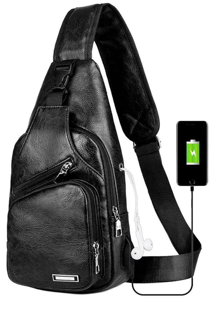 Leather Sling Bag Mens Crossbody Bag Chest Bag Sling Backpack for Men with USB Charge Port