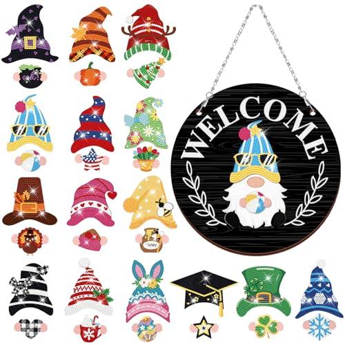 Qunclay 31pcs Interchangeable DIY Gnome Welcome Sign Magnetic Diamond Art Painting Kit for Front Door, Detachable Hat Holiday Decor with Tools, Summer Holiday Handmade Gift for Wall Door(Black)