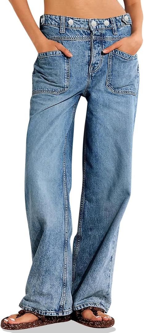 PLNOTME Womens Cuffed Wide Leg Jeans Boyfriend Casual Mid Rise Denim Pants with Pockets Navy, Size: 6