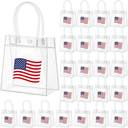 Kolldenn Clear PVC Gift Bags with Handle, Transparent Tote, Reusable Treat Bags for Wedding Birthday Shopping Party Supplies(Blue, White, Red,6.31"x 5.91"x 3.15",American Flag)