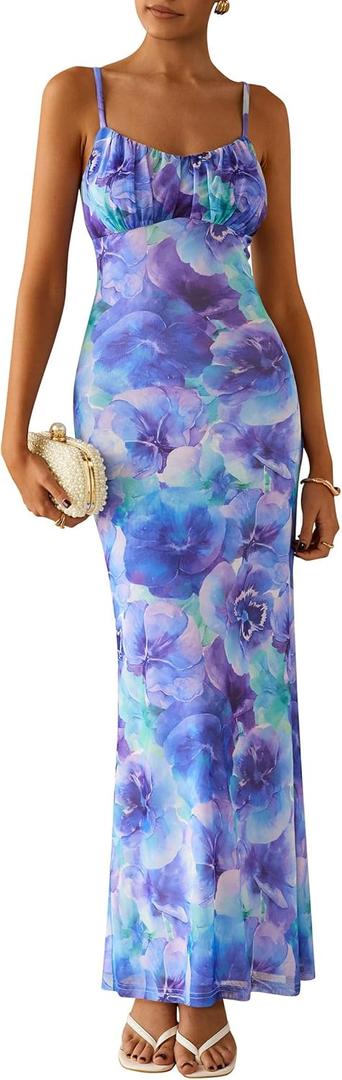 PRETTYGARDEN Women's Floral Bodycon Maxi Dress Summer Beach Sundress Sleeveless Spaghetti Strap Wedding Guest Dress (Purple, M)