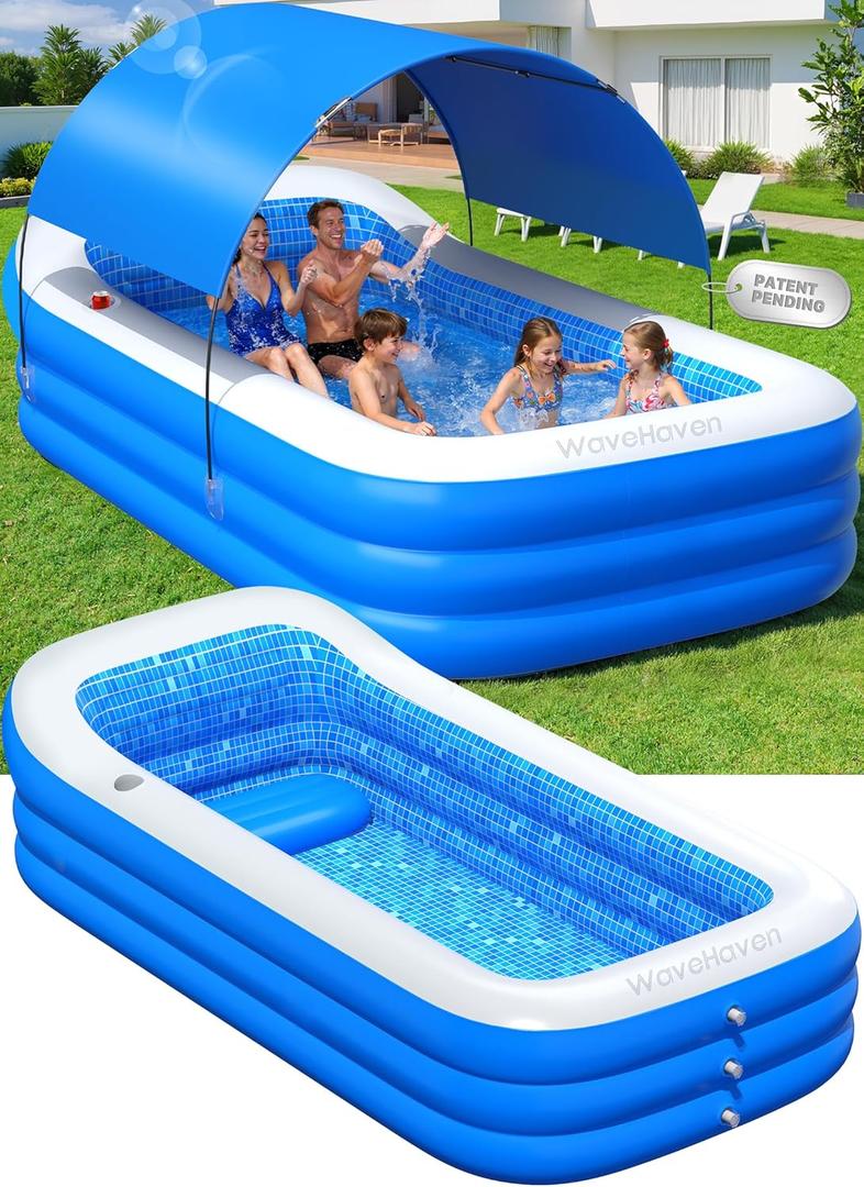 2026 Inflatable Pool with Canopy,Upgraded Blow Up Pool for Adults&Kids,Large Inflatable Pool with Seat and Big Backrest,Kiddie Pool with Shade,Kid Swimming Pool for Backyard 110"x63"x20"Blue
