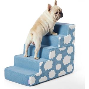 Lesure Dog Stairs for High Bed 22.5" H 5-Step Foam Pet Steps Foldable for Couch Sofa and Chairs Jacquard Shaggy Plush for Small Dogs with Supporting Board and Non-Slip Bottom, Light Blue