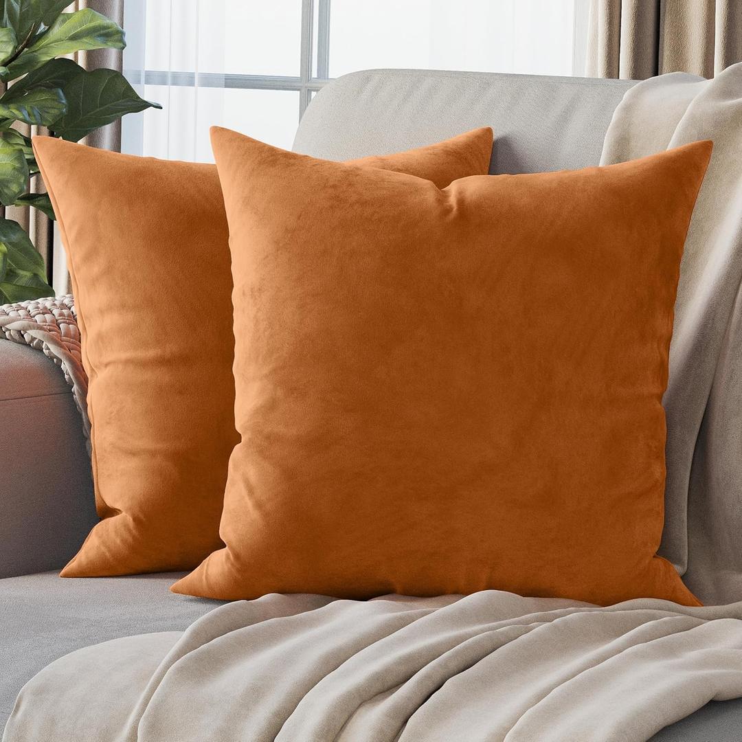 NEATERIZE Premium Velvet Pillow Covers 18x18 Burnt Orange - Fall Decor Decorative Washable Velvet Fabric Throw Pillow Covers for Couch or Bed - Set of 2