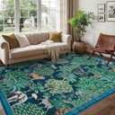 COZYLOOM 10x13 Rug for Bedroom, Washable Low Pile Non-Slip Carpet, Ultra Soft Jungle Animal Floral Modern Rug, Stain Resistant Portable Floor Cover for Nursery, Playroom, Living Room, Blue