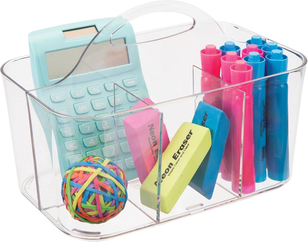 mDesign School Supplies Desk Organizer Tote for Scissors, Pens, Pencils, Notepads, Markers, Highlighters, Tape - Small, Clear (Pack of 1)