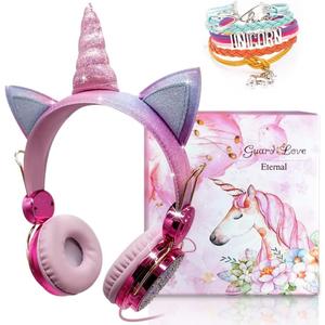 Unicorn Kids Headphones for Girls Children Teens, Wired Headphones for Kids with Adjustable Headband, 3.5mm Jack and Over On Ear Headset w/Mic for School Birthday Xmas Unicorn Gift (Pink)
