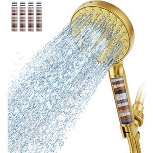 SR SUN RISE Filtered Shower Head with Handheld High Pressure 9 Spray Mode Showerhead Detachable Shower Head Water Softener Filters Beads for Hard Water Remove Chlorine 4 Filters Brushed Gold