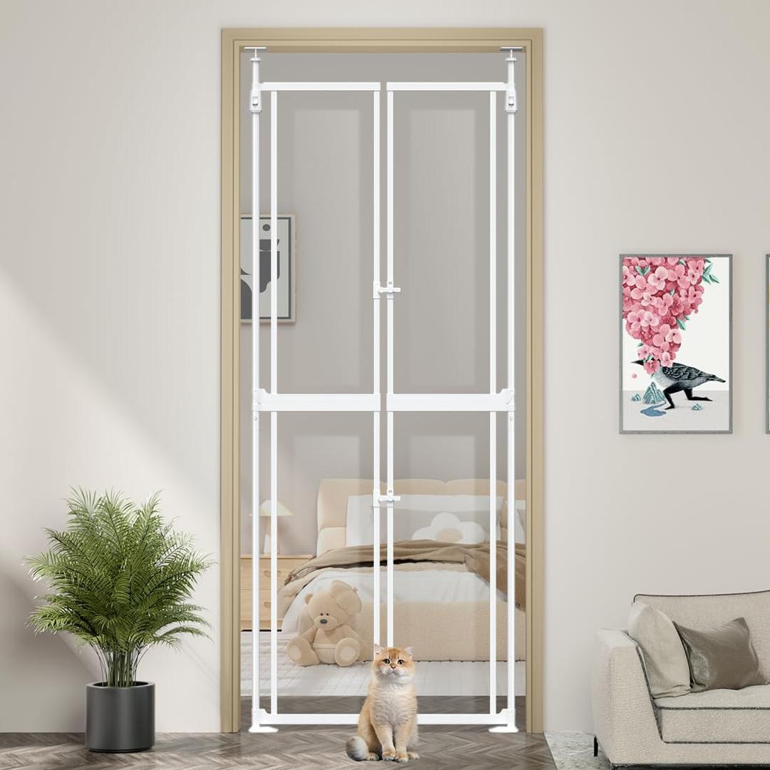 71-98" Clear Tall Cat Pet Gate, 33.5-36 in Wide Extra High Dog Gates for Doorways Acrylic Kitten Proof Full Door Barrier, Auto Close Walk Thru Puppy Pressure Mounted, Indoor White