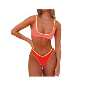 SherryDC Women's Sexy Scoop Neck Bikini Sets Color Block High Cut Thong Brazilian 1Pieces Swimsuit Bathing Suit Small