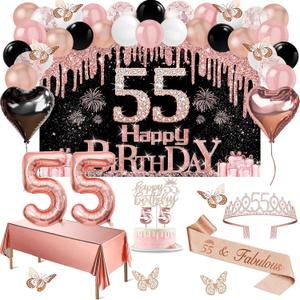 55th Birthday Decorations for Women, 49pcs Black Rose Gold Black Happy 55th Birthday Banner, Tablecloth, Butterfly Decor, Sash and Tiara, Cake Topper, Candles, Balloons Arch