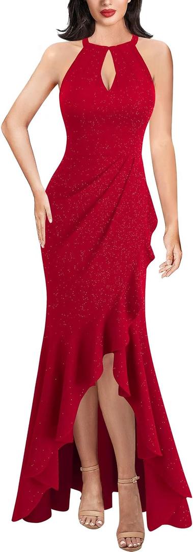 VFSHOW Womens Sexy Halter Neck Formal Cutout Ruffle Slit Ruched Prom Maxi Dress Wedding Guest HI-LO Mermaid Evening Gown (Red)