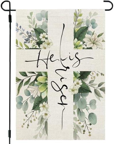 CROWNED BEAUTY Easter Garden Flag He is Risen 12x18 Inch Double Sided Floral Cross Holiday Decoration for Outdoor Lawn Yard Set of 4