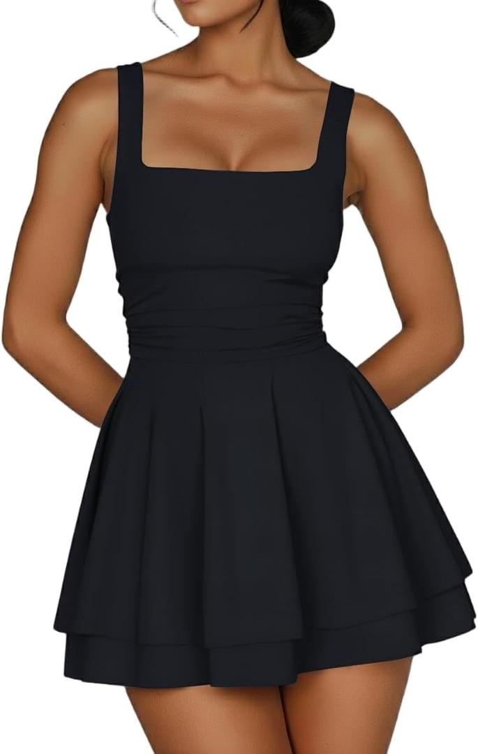 Women's Square Neck Ruffle Hem Mini Dress Ruched Waist Corset Short Party Dresses (Black, XL)