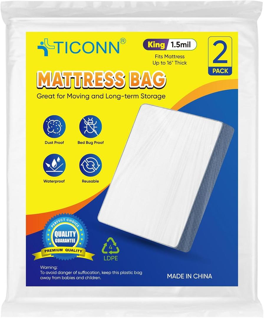 TICONN 2PK Plastic Mattress Bag for Moving Storage, Waterproof Mattress Protector Cover, Heavy-Duty Mattress Moving Supplies (1.5 mil, King)