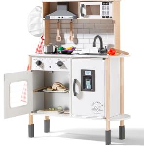 Tiny Land Play Kitchen for Kids, Wooden Kids Play Kitchen Playset Chef Pretend Play Set for Toddlers with Real Lights & Sounds, Toys Kitchen with 18 Pcs Toy Food & Cookware Accessories (White)