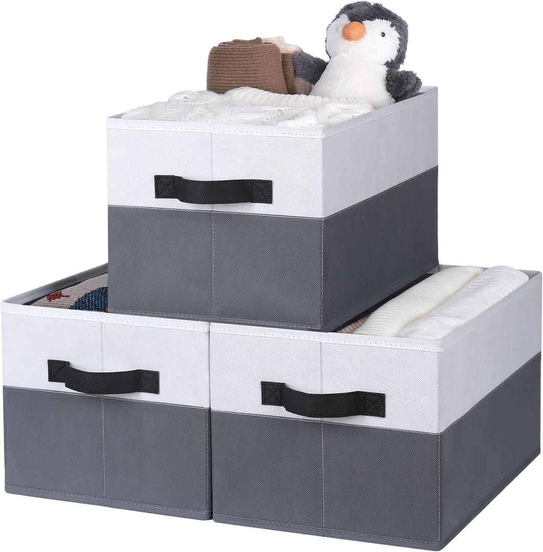 WUIKE Storage Baskets for Shelves, Fabric Closet Storage Bins with Handles, Foldable Clothes Organizer Bins for Bedroom, Nusery, Gray & White, Large, 3-Pack (3 Pack-14.4"L x 10"W x 8.5"H)