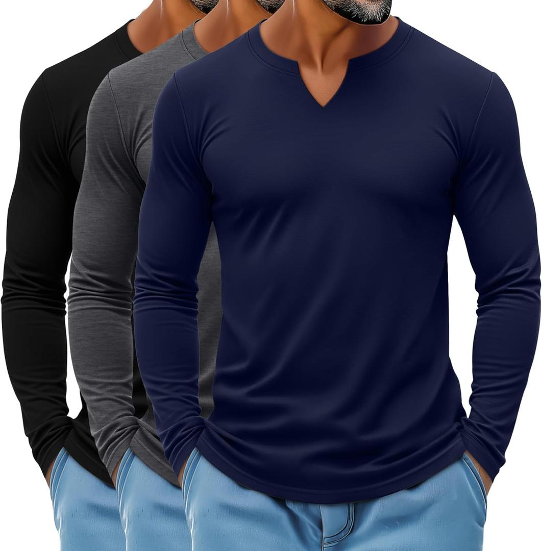 Ficerd 3 Pack Men's Big and Tall V Neck Shirts Cotton Long Sleeve Tops Plus Size Lightweight T-Shirts Casual Basic Tees (Gray)