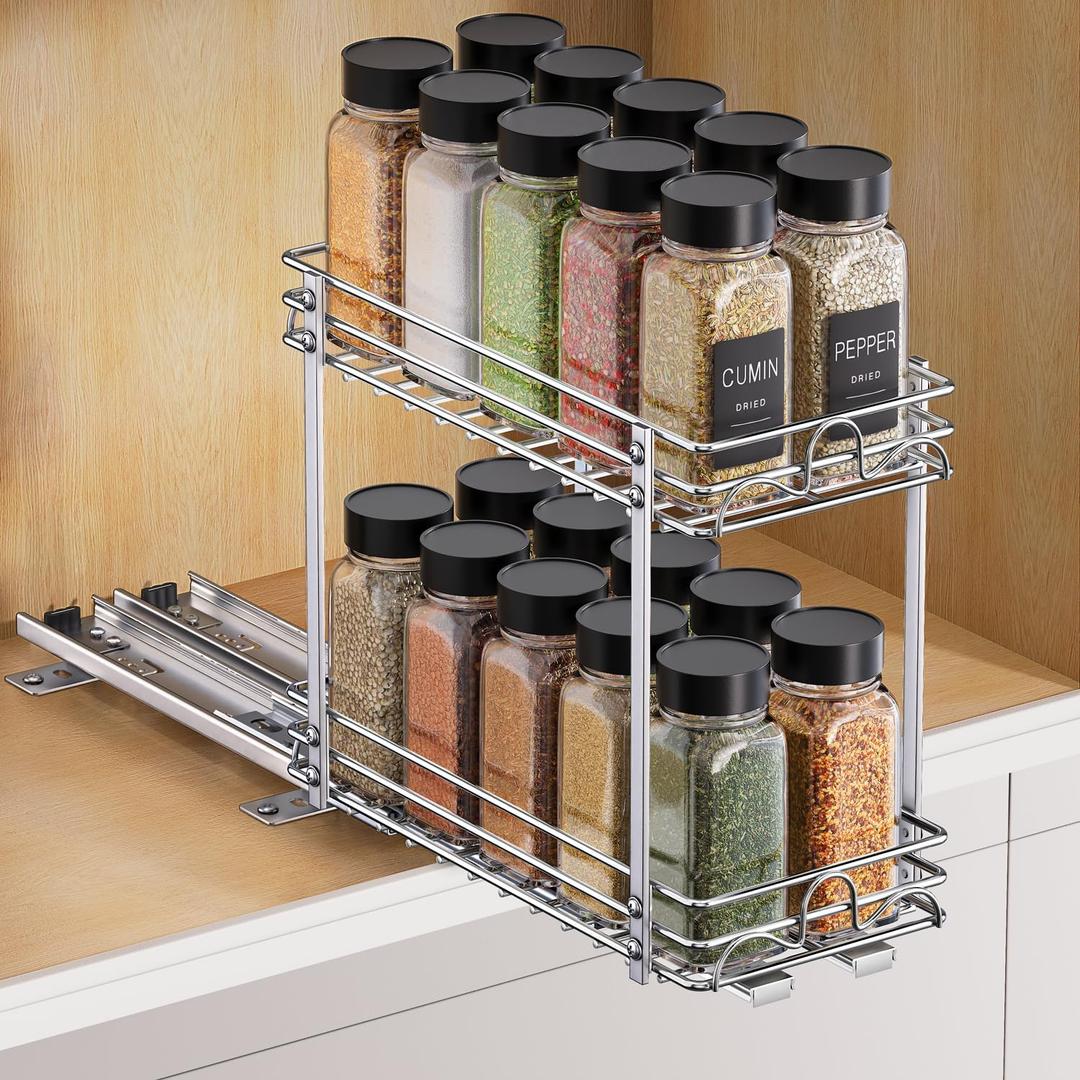 2 Tier Pull Out Spice Rack Organizer for CabinetHeavy-Duty Slide Rails with Raised Base Pull Out Spice Drawer Organizer, Fits Pantry & Kitchen Cabinets, 5.5''Wx10.63''Dx10.04''H