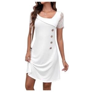 MakeMeChic Women's Casual Solid Sheer Lace Short Sleeve Dress Asymmetrical Neck Buttoned A Line Dresses White Small 