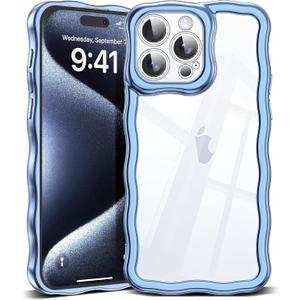 SKYLMW Compatible with iPhone 15 Pro Case, Kawaii Cute Curly Wave Frame Luxury Plating Edge, Stylish Glossy Clear Back, Soft TPU Shockproof Protective Cases for iPhone 15 Pro, Blue