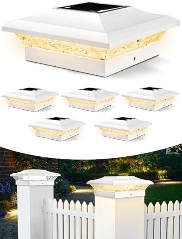 T-SUN 4x4 Post Cap Lights 6 Pack for Vinyl/Wooden Fence,Outdoor Waterproof Warm/Cool White, Deck Solar Post Lights for Patio Garden Yard Lighting