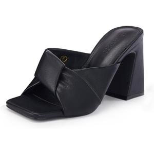 Coutgo Womens Chunky Heeled Mules Puffy Knot Square Open Toe Slip On Sandals Summer Evening Party Prom Shoes (8, Black)