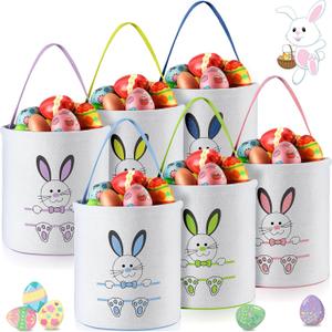 Talltalk 6 Pieces Easter Bunny Basket Bulk for Kids Canvas Rabbit Egg Print Bucket Tote Bags for Boys Girls Gifts Egg Hunts Decorations Favors Carry Candy Storage