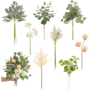 Artificial Greenery Stems Box Set, 49pcs with 8 Kinds of Faux Greenery Flowers Picks for DIY Bridal Bouquets Filler Wedding Floral Arrangement Table Centerpieces(Champagne & Green)