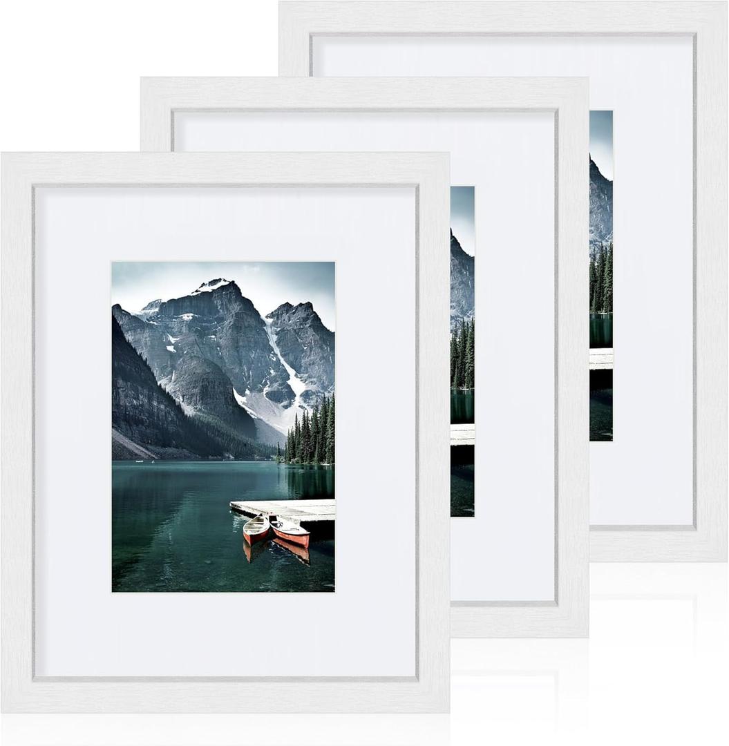 Hongkee 8x10 White Picture Frames set of 3, Made of Wooden and Glass Photo frame - Displays Picture 5x7 with Mat or 8 x 10 without Mat, Desktop & Wall Collage Frame set