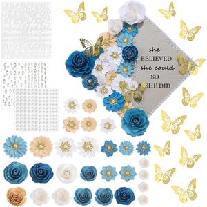 Thiccywoov 43 Pcs Graduation Cap Decorations Kit Includes Artificial Flowers Faux Flower Heads 3D Butterfly Stickers Pearl Rhinestones Glitter Stickers for Grad Cap Topper DIY Graduation Gift(Blue)
