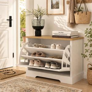 RASOO Shoe Cabinet Flip Drawer, 3-Tier Shoe Organizer Storage Cabinet with 2 Adjustable Shelves, Space-Saving Hidden Shoe Rack Bench for Entryway Hallway