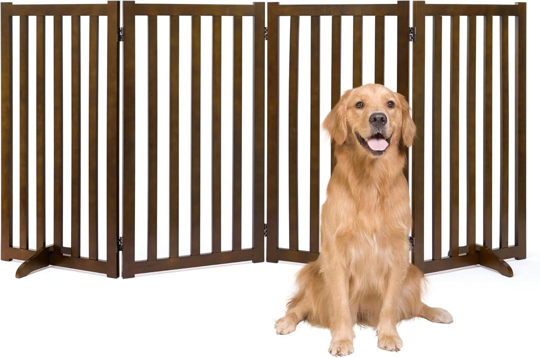 36" Height Extra Tall Freestanding Pet Gate, Solid Wood Folding Safety Fence Wooden Dog Gate with 2 PCs Support Feet Ideal for Stairs, Doorways, Halls, Kitchens, Heavy Duty Gates, 4 Panels, Walnut (36"-4 Panels)