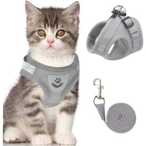 Cat Vest Harness and Small Dog Vest Harness for Walking, All Weather Mesh Harness, Cat Vest Harness with Reflective Strap, Step in Adjustable Harness for Small Cats (Gray, S)