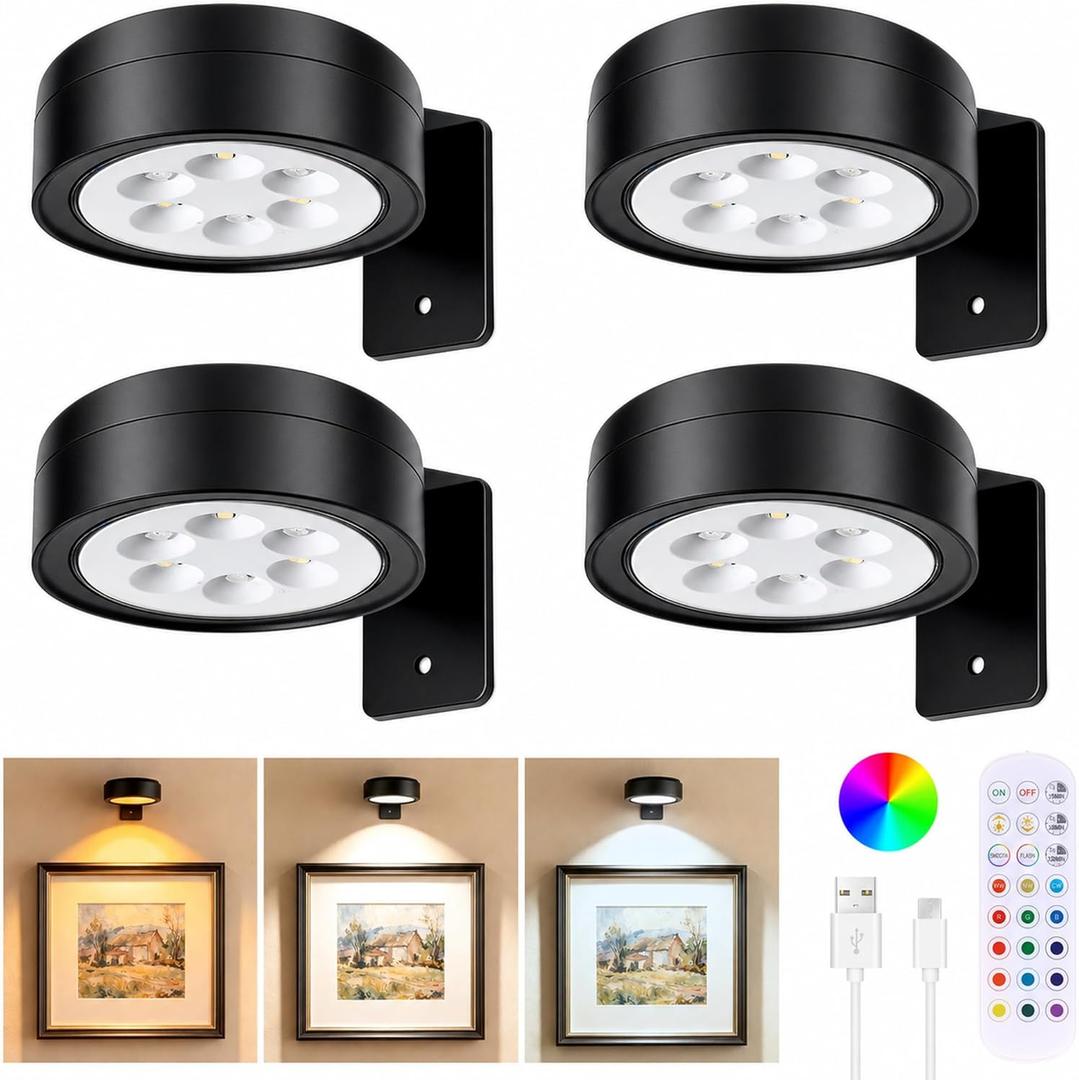4-Pack Picture Lights for Wall, Rechargeable Wireless Poster Lights with 3 CCT & 12 RGB, Magnetic Painting Lights with Remote(DimmableTimer), LED Art Display Light for Frame, Gallery, Wall Decor
